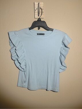 ZARA Pale Blue Ruffle Sleeve Short Sleeve Top